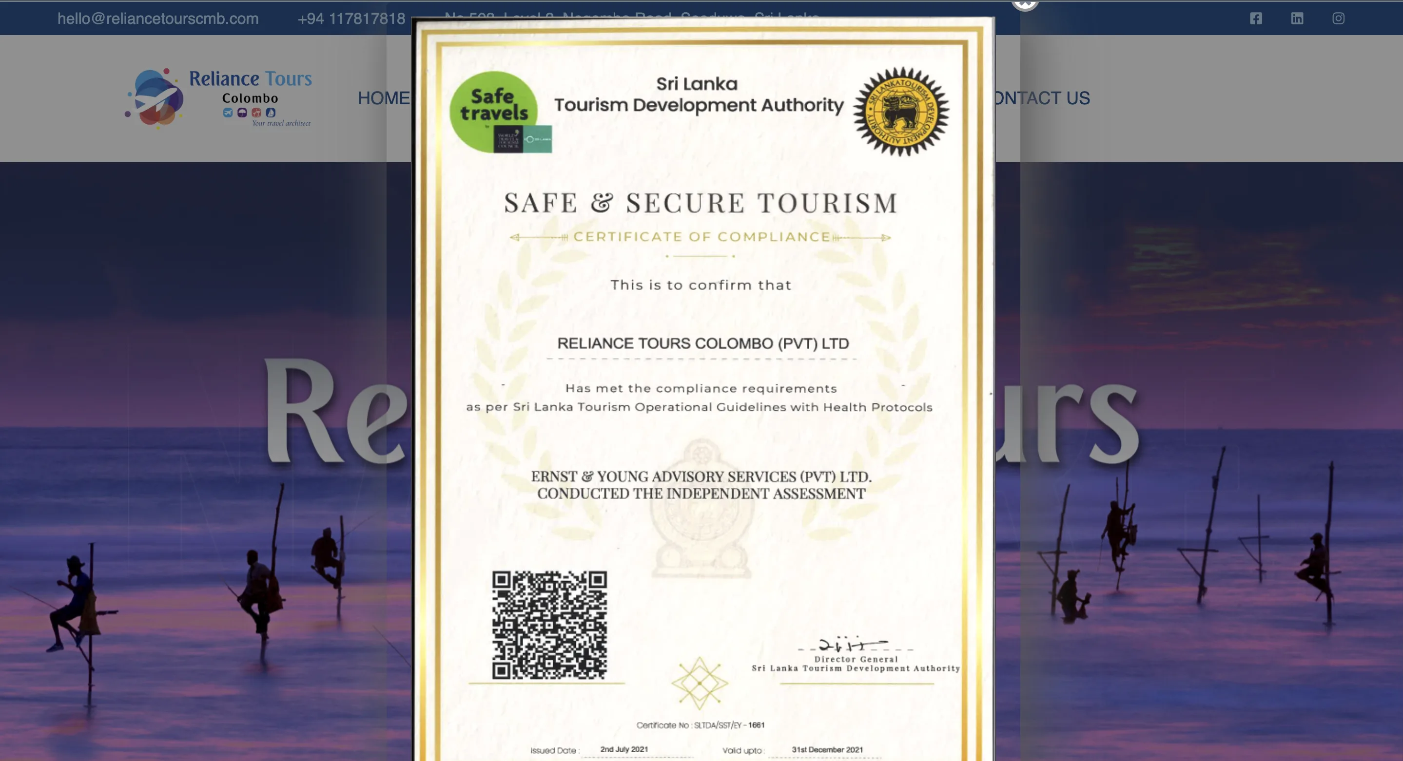 Reliance Tours website screenshot